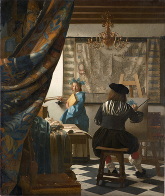 The Allegory of Painting, by Jan Vermeer Dutch Master Jan Vermeer's painting of a woman preparing to sit for a portrait, modeling a brass musical instrument, and positioned in front of the artist. In the background on the wall is a large map of the kind that the Dutch in the 17th Century would have prized.